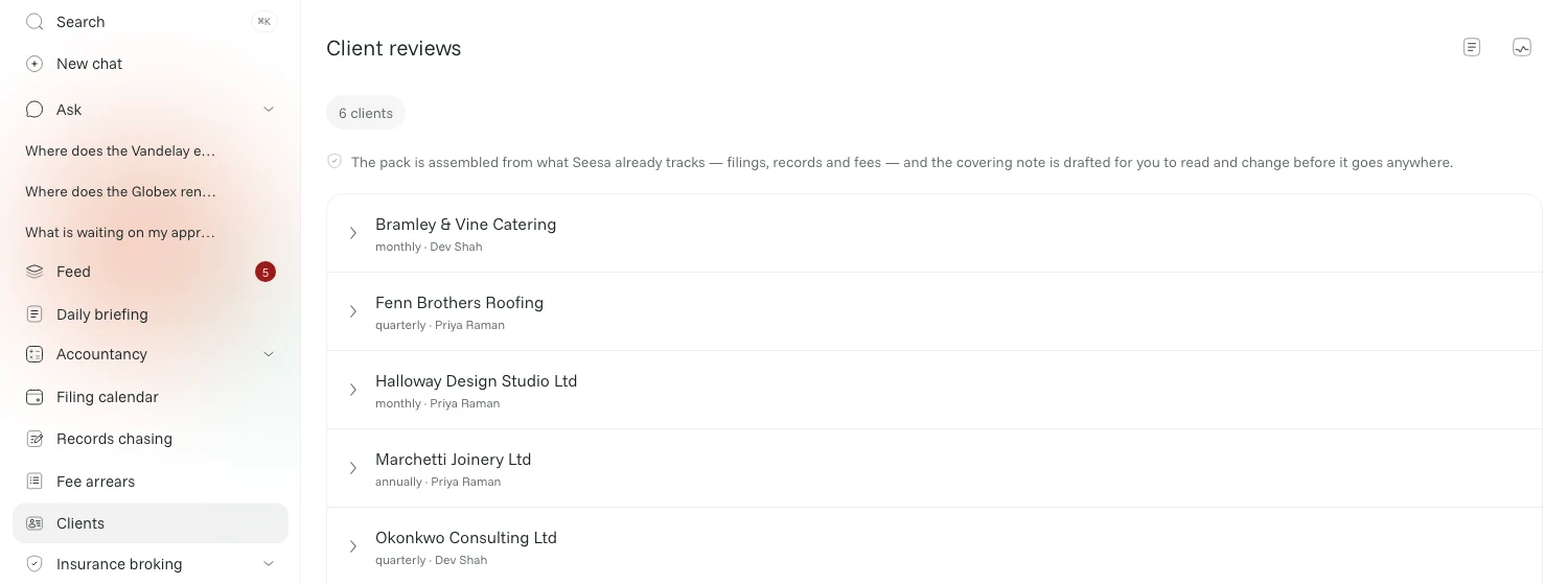 Client reviews: each client on its own cadence, with the review pack built from filings, records and fees when one comes round.