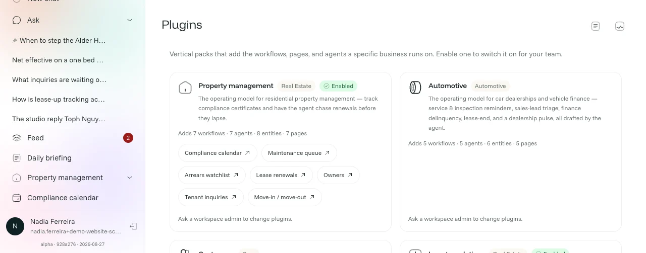 The Seesa plug-in directory with Property management enabled: seven workflows, seven pages, eight entities.