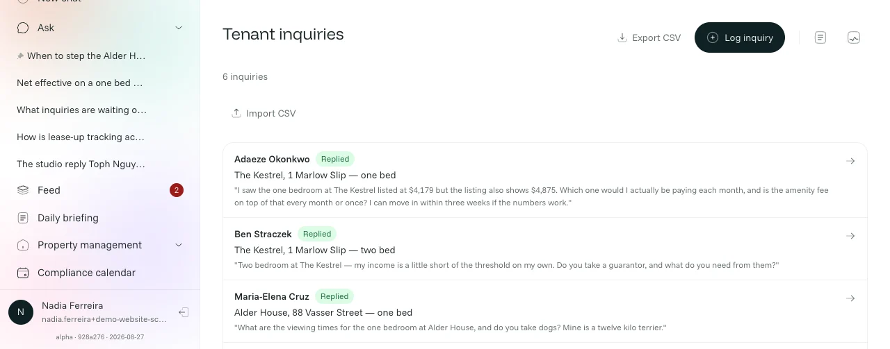 Tenant inquiries: six inquiries about specific units, quoting what each prospective tenant actually asked.