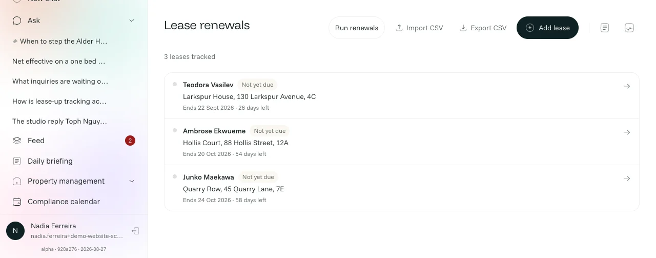 Lease renewals: tenancies approaching lease end, each at its stage — flagged, offer sent, chased.