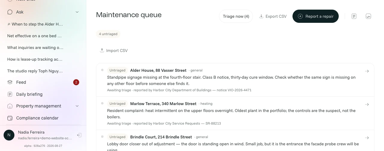 The maintenance queue: four untriaged reports including a heating complaint and a building-department notice, each awaiting triage.