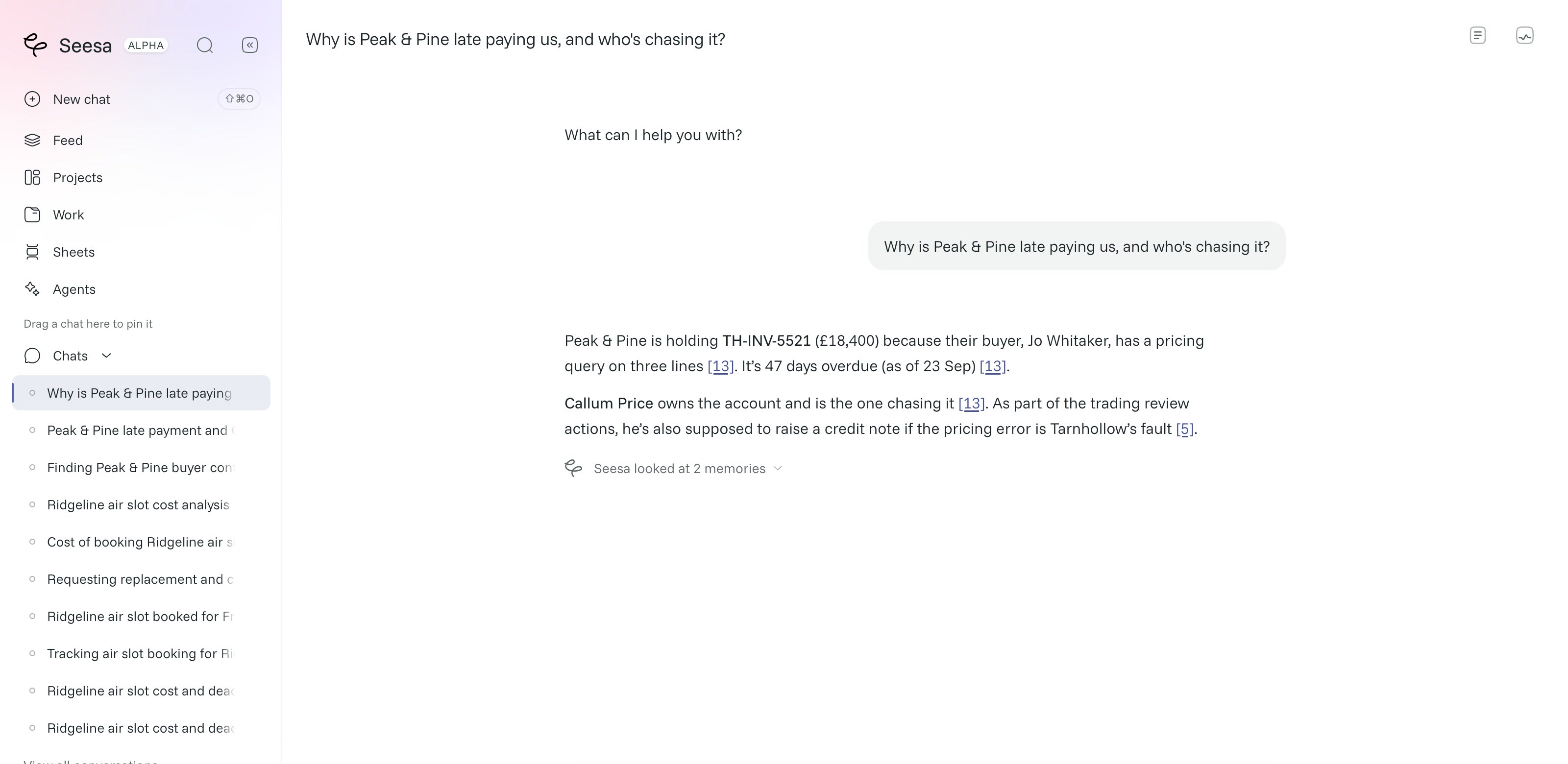 Seesa answering why an invoice is overdue, with citations to the company records