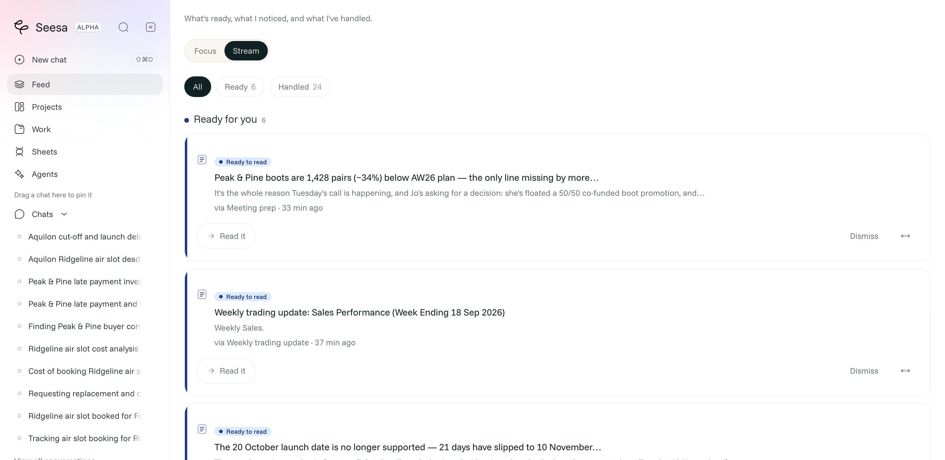 The Seesa feed showing meeting preparation, a weekly trading update and a launch risk